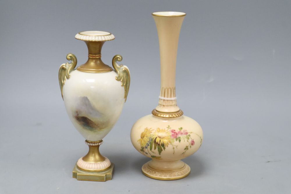 A Royal Worcester two-handled pedestal vase painted with sheep, signed E. Barker, and another vase, tallest 19.5cm (a.f.)